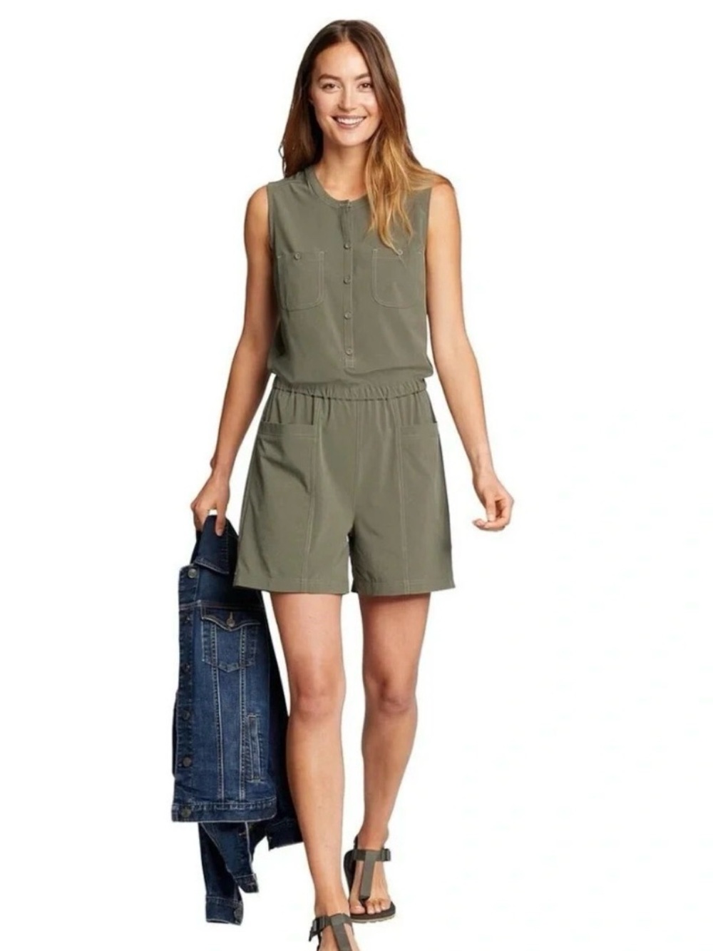 Eddie Bauer Departure Olive Green Button-Front Sleeveless Romper
